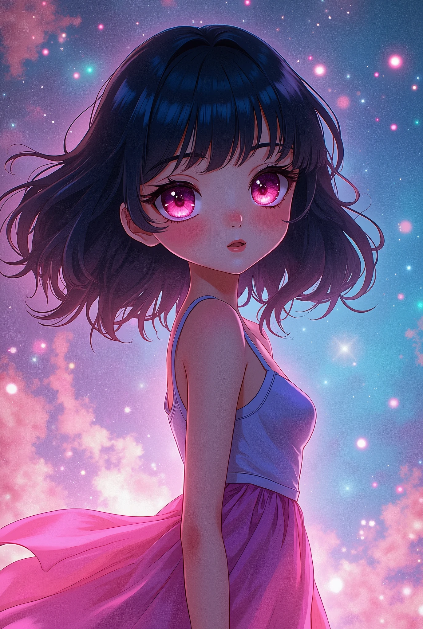 {Celestial hues, lofi, shiny aura, cute, black hair, ((pink eyes)), big pretty realistic eyes, ((Nezuko Komado)), (big breasts), (cleavage), sexy, submissive, highly detailed, holographic glowing motifs, geometric, perfect composition , beautiful, perfect eyes, full lips, 96k, best quality, full shot ))) (masterpiece, top quality, best quality, official art, beautiful and aesthetic:1.2), (1girl:1.3), extremely detailed,(fractal art:1.1),(colorful:1.1),highest detailed,(zentangle:1.2), (dynamic pose), (abstract background:1.5), (gradient dress:1.2), (shiny skin), (gold metallic:1.4), arms behind back,