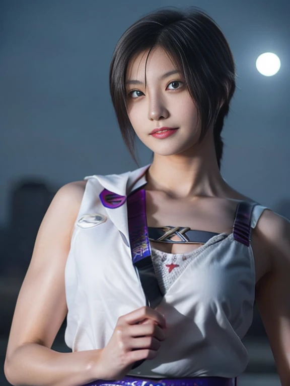 20 year old Japanese beauty,One woman、Muscular body like a bodybuilder、Emphasize the breasts、Slit eyes、A head-to-toe view,Bust is very very large、Full moon night in the background、High quality photos、Clear, crisp images of the lower body、Masterpiece 8k、Smiling、He holds a shuriken in his right hand、From the front, from the side, from the back, etc.々from what camera angle to shoot、A ninja costume of purplish-red color