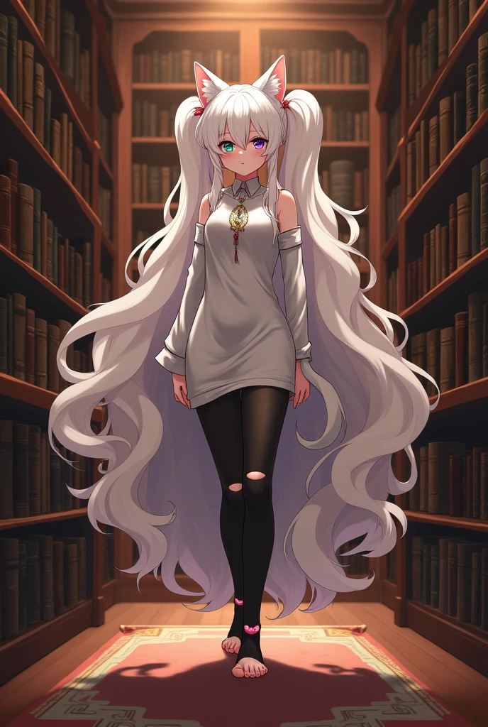 ((best quality)), ((masterpiece)), (detailed), ((highres)), In lavish manor library, extremely long white curly hair in pig tails. Fluffy white cat ears. Long white cat tail on butt, 1catgirl, 20 year old. Curvy body, shy, timid, scared, nervous, Blushing. Lewd magic girl. Heterochromatic eyes, one teal eye, one purple eye. No shoes. No socks, black ripped thigh high leggings with pink pawpads on feet,