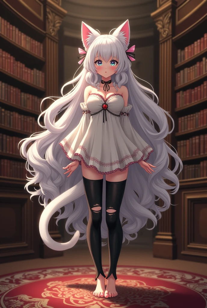 ((best quality)), ((masterpiece)), (detailed), ((highres)), In lavish manor library,  extremely long white curly hair in pig tails. Fluffy white cat ears. Long white cat tail on butt, 1catgirl, 20 year old. Curvy body, shy, timid, scared, nervous, Blushing. Lewd magic girl. Heterochromatic eyes, one teal eye, one purple eye. No shoes. No socks, black ripped thigh high leggings with pink pawpads on feet, 
