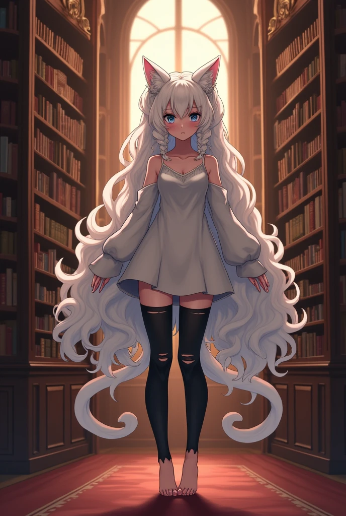 ((best quality)), ((masterpiece)), (detailed), ((highres)), In lavish manor library,  extremely long white curly hair in pig tails. Fluffy white cat ears. Long white cat tail on butt, 1catgirl, 20 year old. Curvy body, shy, timid, scared, nervous, Blushing. Lewd magic girl. Heterochromatic eyes, one teal eye, one purple eye. No shoes. No socks, black ripped thigh high leggings with pink pawpads on feet, 
