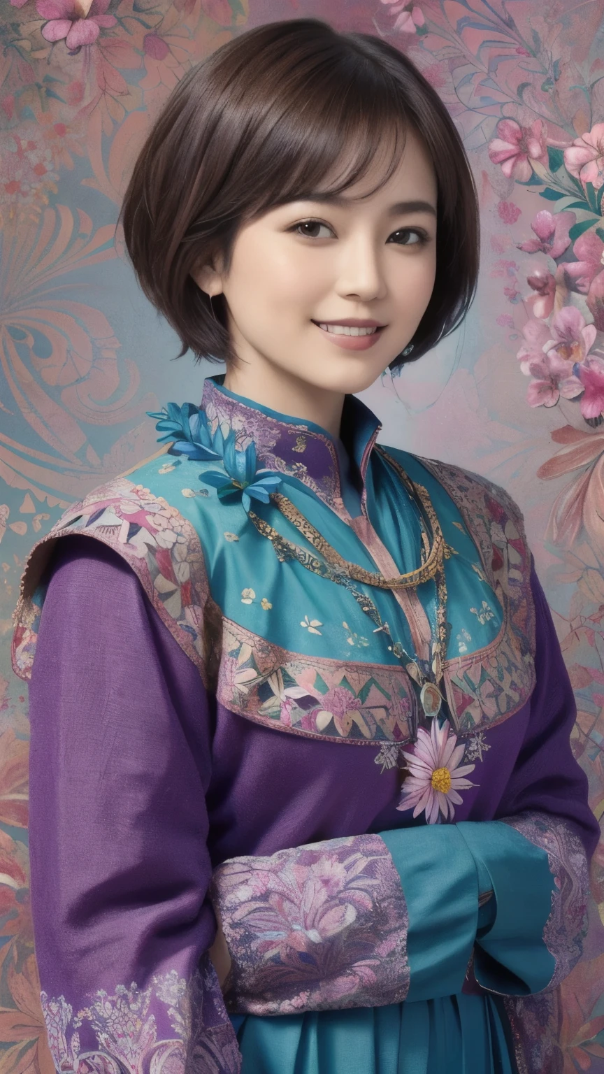 272 (20-year-old woman,short hair), (masterpiece, Highest quality, beautiful:1.2), Very detailed, (Fractal Art:1.1), (colorful:1.1), (flower:1.3), whole body, (Abstract background:1.3), (Many colors:1.4), (Old-fashioned smile), (Hawaii)