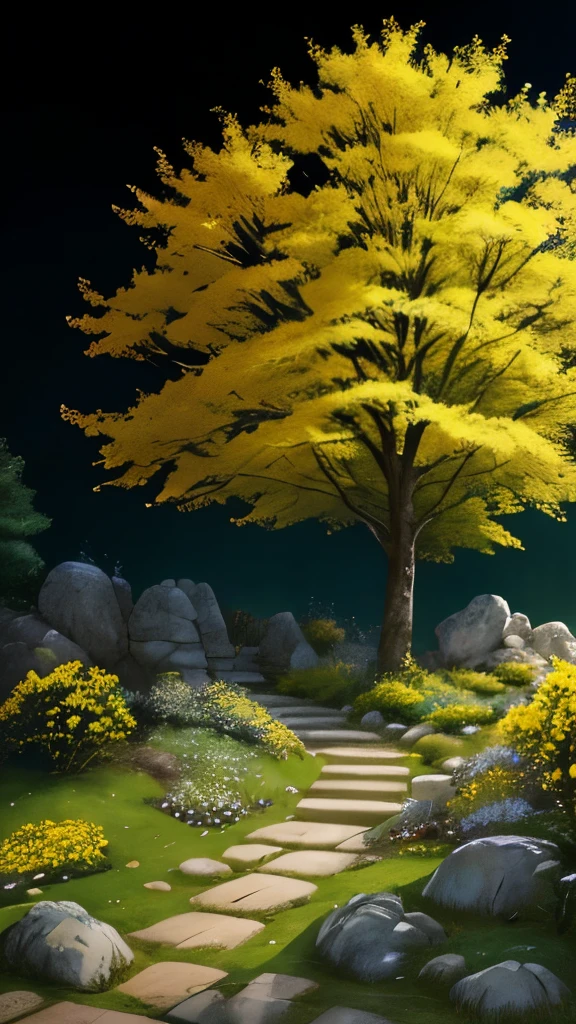 yellow flowers on a tree in a garden with rocks and trees, a digital rendering by Armin Baumgarten, flickr, sōsaku hanga, with yellow flowers around it, shades of gold display naturally, vibrant but dreary gold, golden sacred tree, yellow and greens, by rainer hosch, flowering vines, detailed trees in bloom, yellow flowers