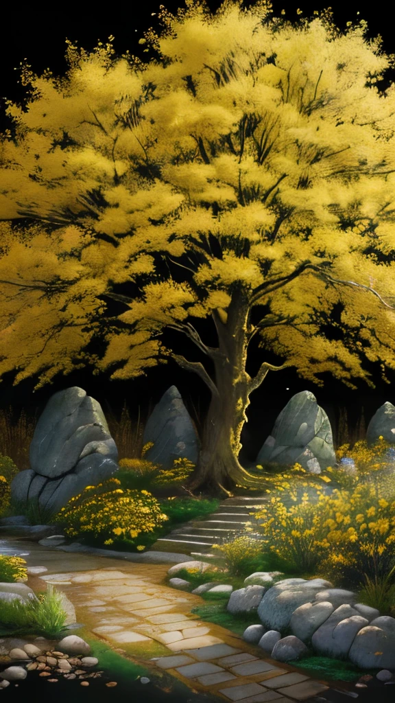 yellow flowers on a tree in a garden with rocks and trees, a digital rendering by Armin Baumgarten, flickr, sōsaku hanga, with yellow flowers around it, shades of gold display naturally, vibrant but dreary gold, golden sacred tree, yellow and greens, by rainer hosch, flowering vines, detailed trees in bloom, yellow flowers