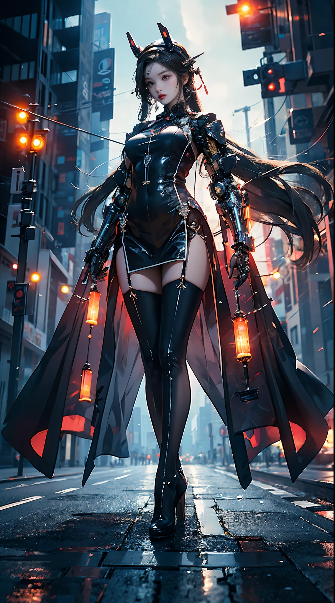 Masterpiece, best quality, high resolution, one woman, from below, very thin and straight legs, very long legs, straight legs, high heels, long legs, perfect body with perfect legs, front view showing long legs, perfect body, exterior, telegraph slang, dynamic pose, exquisite eyes, brown eyes, eye shadow, wearing makeup, long blonde hair, detailed face, detailed eyes, looking at viewer, blusher (wearing makeup), plump lips, red lips, long gray hair (1.3), mechanically static, summon mech, headdress (1.1), headgear, dressed like a student in , black lace stockings, stocking suspenders, city, luminous winding, with a gun in hand, weapon, completely mechanical and futuristic elements, technology, background is modern New York City streets with cars passing by, sky, slim (1.2), dramatic lighting, vivid details.