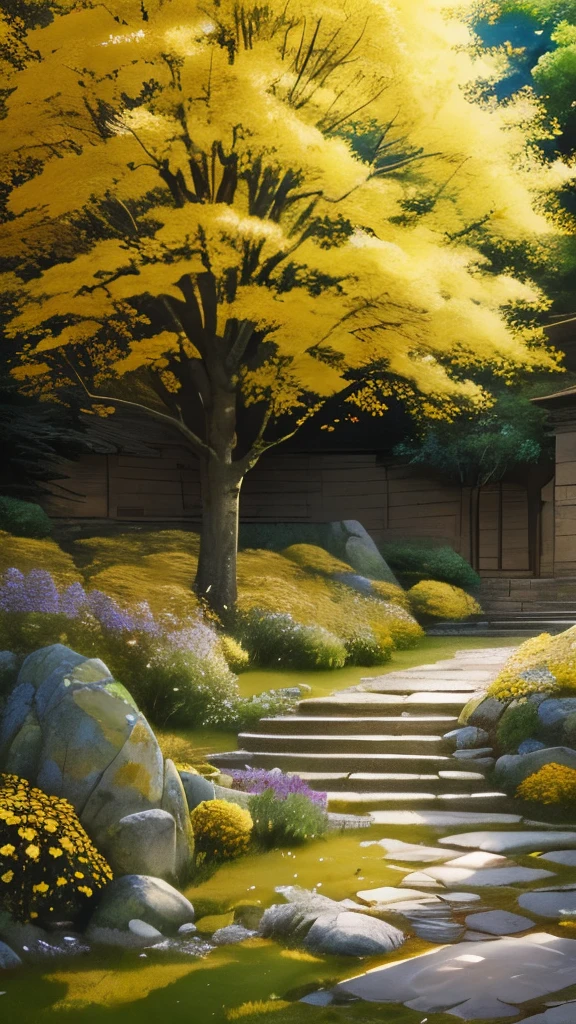 yellow flowers on a tree in a garden with rocks and trees, a digital rendering by Armin Baumgarten, flickr, sōsaku hanga, with yellow flowers around it, shades of gold display naturally, vibrant but dreary gold, golden sacred tree, yellow and greens, by rainer hosch, flowering vines, detailed trees in bloom, yellow flowers