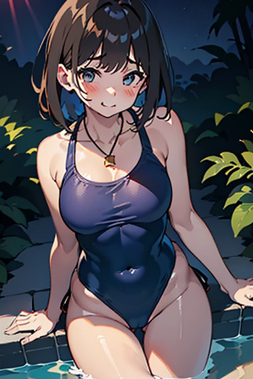 RAW Photos、 Highest quality、 Realistic、Photorealistic、masterpiece、Very delicate and beautiful、In detail、Ultra-detailed、High resolution、Textured skin、One Girl、(alone:2)、(alone)、Japanese swimmer、(Night Pool:1.5)、night、athlete、20-year-old、From the thigh up、(Beautiful Face:2)、Grin、Adult face、(Perfect body)、(Camel Toe)、Mid-breasted、(short hair:1.2)、(Dark blue competitive swimsuit:1.5)、(Please do not wear anything other than swimwear.:1.5)、Professional Lighting、Do you know where it is、(Pubic hair sticking out from swimsuit:1.5)、(sky seen from below:1.2)