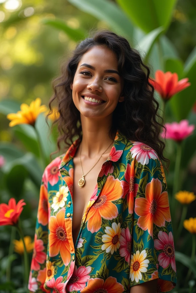 A Brazilian woman in a lush tropical garden, wearing an open shirt with a floral print, with a close-up capturing the harmonious beauty between her breasts and the natural flowers, showing off your natural charm and outgoing personality.