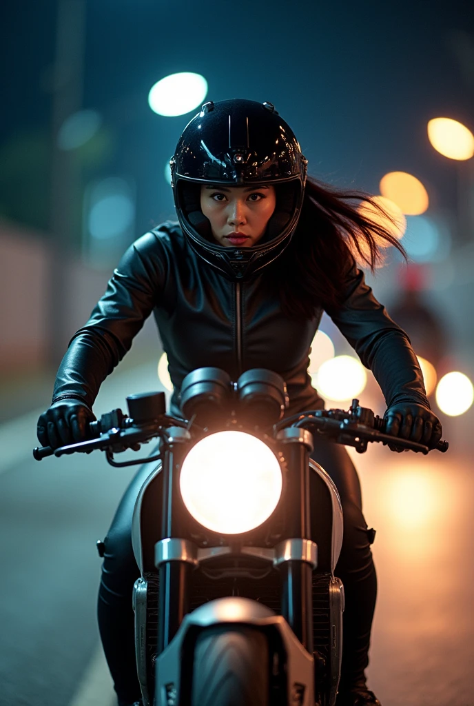 (Very detailed, 8k, RAW Photos, 最high quality, masterpiece:1.2), High-definition RAW color photos, Professional photos, (whole body:0.6), (Realistic, photo Realistic:1.37), ((最high quality)), 1 person, Japanese women、20age、Small face、Black Hair、Long Hair、Cinematic Light, (Detailed painted face:1.2), (masterpiece:1.5), (最high quality:1.2), (Large Breasts:1.4), From below, A woman riding a motorcycle on the road, Taken from the front、high quality (4K/8k), (Realistic style:1.37), Vibrant colors, Vivid lighting, Detailed facial features, Strong muscles, A look of determination, , A sophisticated helmet, Concentrated eyes, Flowing Hair, Smooth pedaling action, The background is a night road, smile, , The road is straight, Professional Equipment, High-performance motorcycle, speed, passion, Excited state, (Slow motion:1.4), (Motion Blur:1.3), Dynamic Angle, ,Wearing a racing outfit
