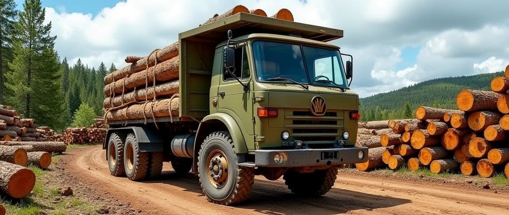 Image Description:
A robust truck, in olive green, is parked in a wooden yard. Its body, made of sturdy metal, is completely loaded with logs of various sizes. The logs, with rough bark and visible growth rings, are carefully stacked in several layers, secured by sturdy ropes to ensure safety during transport. The vehicle is equipped with wide, sturdy tires, designed to support the weight of the load on uneven terrain. Ao fundo, it is possible to observe other similar piles of logs, suggesting intense forest exploration work. The sky, partly cloudy, contrasts with the green tone of the vegetation in the background, indicating a sunny day with some clouds. The ground, of dirt and uneven ground, shows tire marks and other vehicles, highlighting the intense activity in the location. The image conveys the strength and resilience necessary for work in the timber industry, in addition to highlighting the natural beauty of the wood in its raw state.