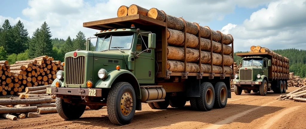 Image Description:
A robust truck, in olive green, is parked in a wooden yard. Its body, made of sturdy metal, is completely loaded with logs of various sizes. The logs, with rough bark and visible growth rings, are carefully stacked in several layers, secured by sturdy ropes to ensure safety during transport. The vehicle is equipped with wide, sturdy tires, designed to support the weight of the load on uneven terrain. Ao fundo, it is possible to observe other similar piles of logs, suggesting intense forest exploration work. The sky, partly cloudy, contrasts with the green tone of the vegetation in the background, indicating a sunny day with some clouds. The ground, of dirt and uneven ground, shows tire marks and other vehicles, highlighting the intense activity in the location. The image conveys the strength and resilience necessary for work in the timber industry, in addition to highlighting the natural beauty of the wood in its raw state.