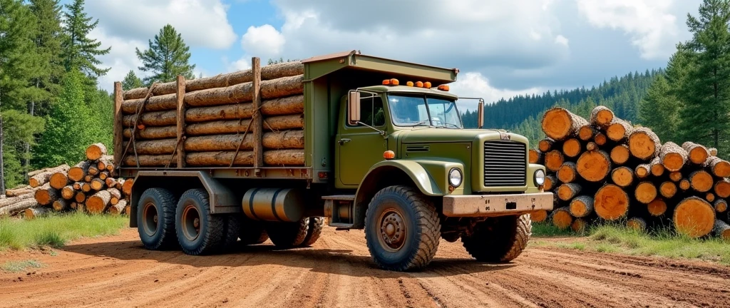 Image Description:
A robust truck, in olive green, is parked in a wooden yard. Its body, made of sturdy metal, is completely loaded with logs of various sizes. The logs, with rough bark and visible growth rings, are carefully stacked in several layers, secured by sturdy ropes to ensure safety during transport. The vehicle is equipped with wide, sturdy tires, designed to support the weight of the load on uneven terrain. Ao fundo, it is possible to observe other similar piles of logs, suggesting intense forest exploration work. The sky, partly cloudy, contrasts with the green tone of the vegetation in the background, indicating a sunny day with some clouds. The ground, of dirt and uneven ground, shows tire marks and other vehicles, highlighting the intense activity in the location. The image conveys the strength and resilience necessary for work in the timber industry, in addition to highlighting the natural beauty of the wood in its raw state.