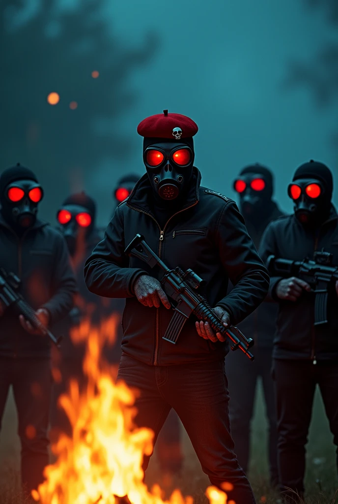 Several Young people with gas masks, With a black jacket, with the mask's visors red,  a submachine gun in the other hand, they are surrounded by a bonfire, along with the leader with a red beret with a skull, it&#39;s night, They are all laughing