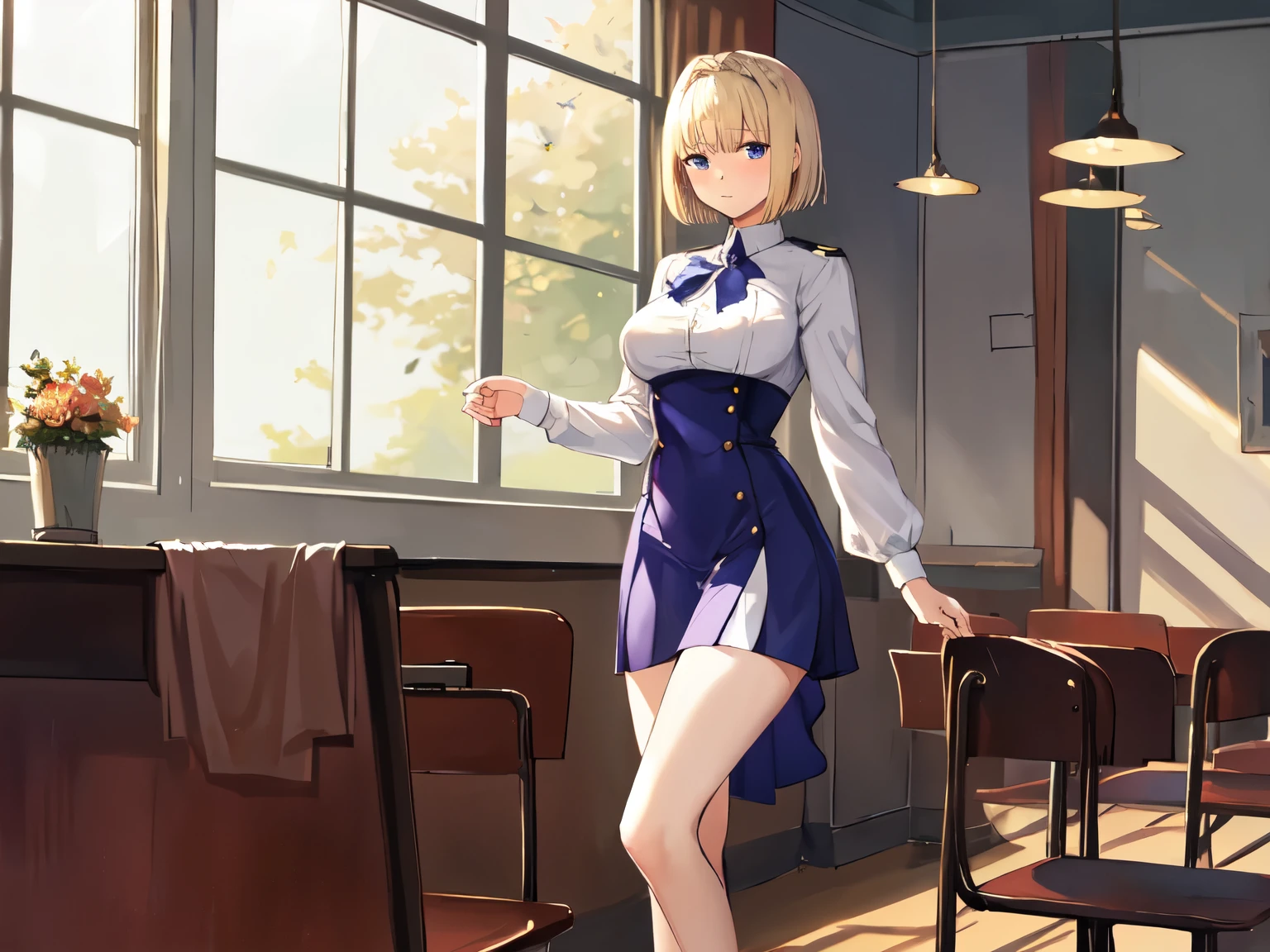 Arcueid Brunestud, full body, short blonde hair, looking down, high school girl standing with a confident expression, classroom background, 4K, large breasts.