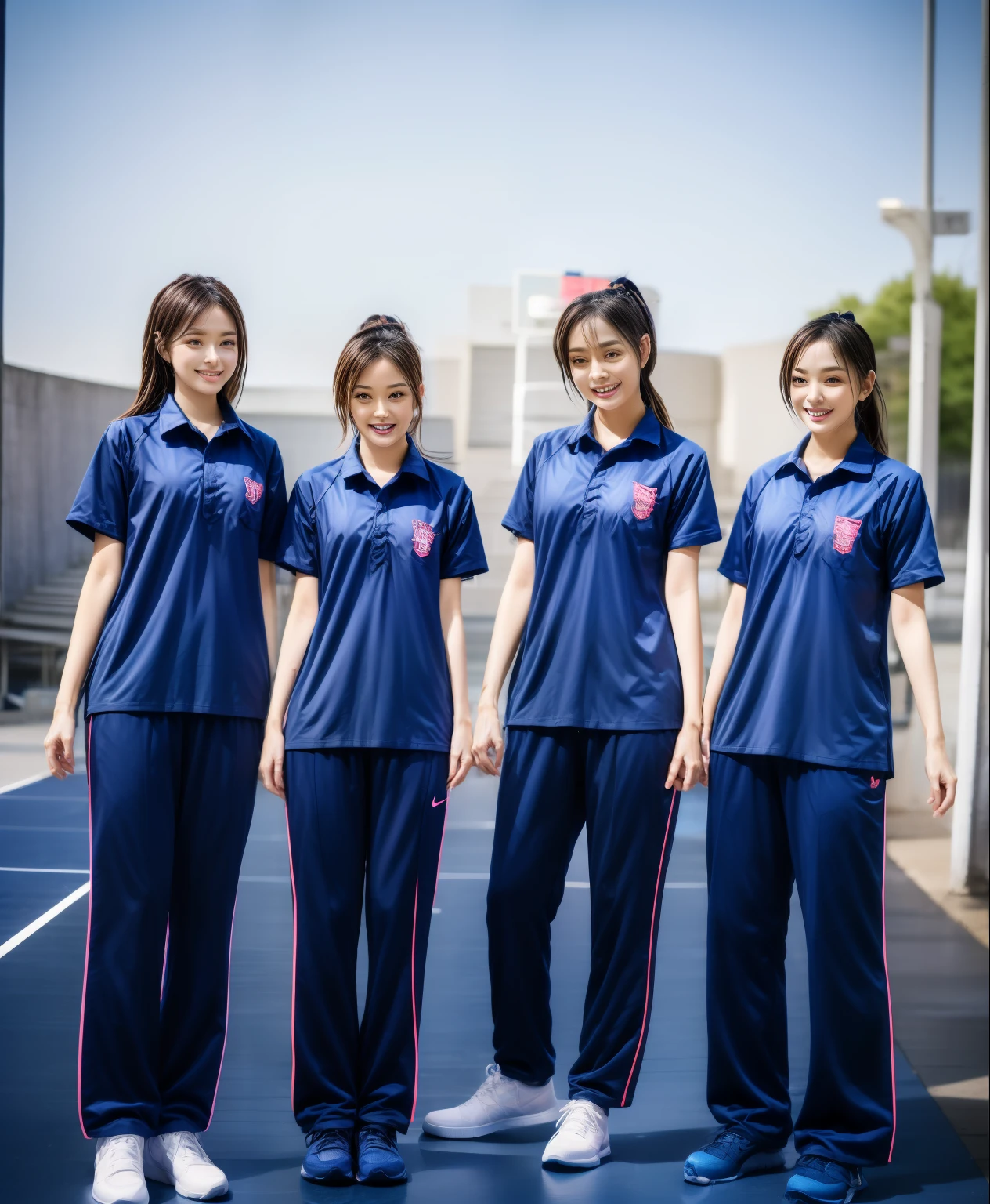 3 girls play basketball at basketball court, Navy blue short-sleeved shirt,Navy Long Trackpant,Sweatpants, Sweatpantsขายาว,25 year old girl, lesbian, sexy, exercise clothes, wet body, exercise clothes