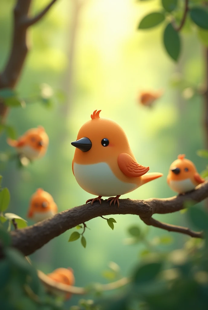 (masterpiece:1.2,Highest quality,High resolution),(Very detailed),8k,wallpaper,(Best illustrations,Anime Style),(Cute little bird mascot character:2.0),front,A small bird perches on a branch、Surrounded by other birds in a sunlit forest。,(Isometric 3D Diorama:2.0),Matte Paint,Gentle lighting,Simple design