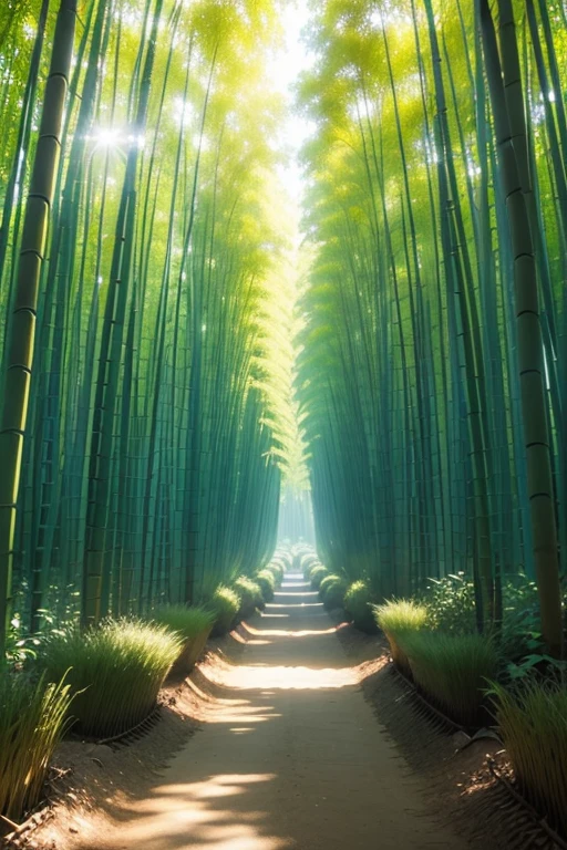 In the summer bamboo forest,Sunlight shines obliquely from above,Sunlight is scattered throughout the bamboo forest,4K high-definition。