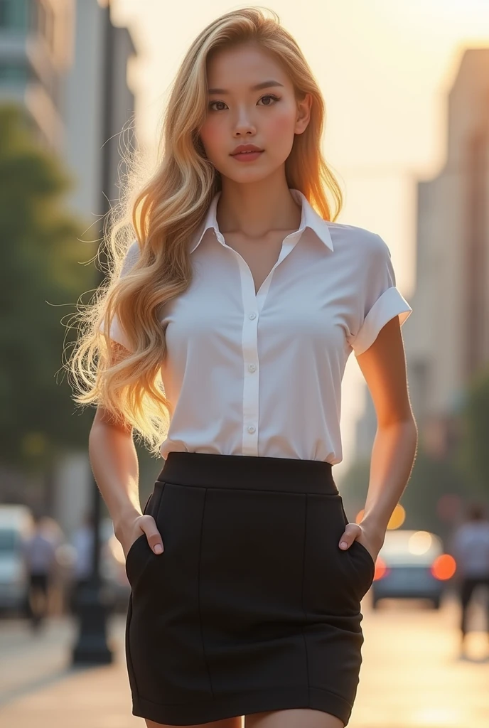 Malay girl very long white shiny hair, wear small floral pastel green color shirt and High Waist Plicated brown Suit Pants , laughing and posing with both hand on top of her head, touching her own white hair, very long white hair, wear backpack, front view, very long wavy white hair, messy hair, hair blown, windy, detail skin, age spot, detail skin texture, mole below eyes, small breast, flat chest, wide hips, small waists, thick thighs, slim abs, beautiful body, nighttime, laughing, happy, bright lighting, college student in background, crowded cafe, blur background, bokeh, camel toe, 35mm lense, low angle Shot, Deep Focus cinematography effect, Natural Lighting, cool-toned color grading, high quality, ultra detail, 8k resolution, using Canon EOS C700,