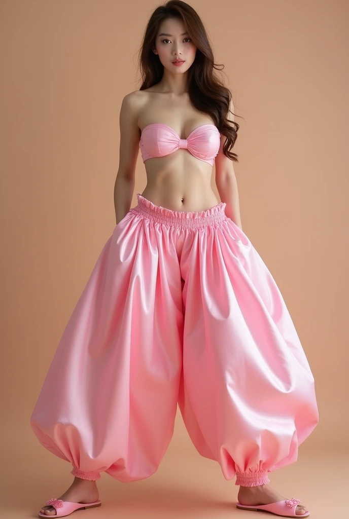 Japanese woman, solo, fullbody shot, huge breast, deep cleavage, XXL breasts, brown eyes, brown long hair in a hime cut, wearing an Arabian outfit consisting of humongous inflatable long satin princess Jasmine-style pants with her belly button showing, pink slippers & a giant inflatable satin strapless bra top. The pants are light pink and extremely puffy and completely round and completely spherical, high quality.