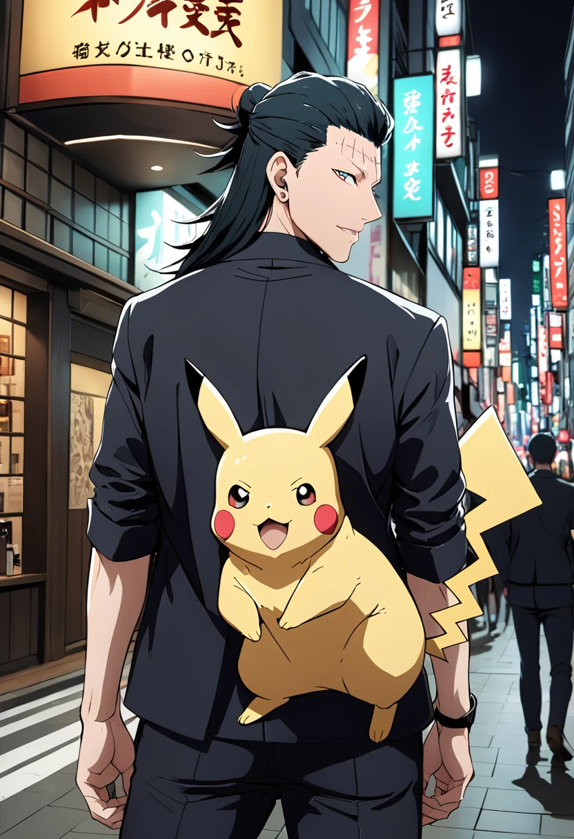 (masterpiece, best quality),Scene where getou suguru(from jujutsu kaisen,black long hair) and pikachu face off,shibuya