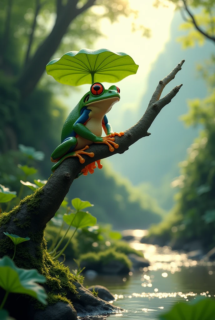 a frog on top of a thick, green tree,Ultra-realistic,High resolution,standing with a lotus leaf umbrella.,The background is a small stream deep in the mountains