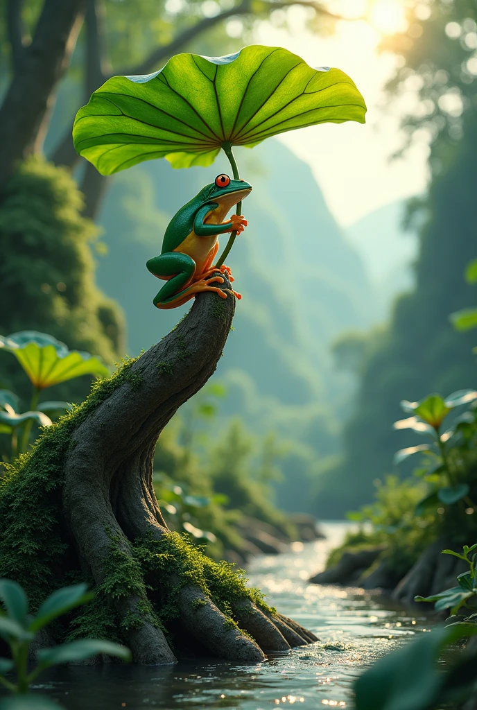 a frog on top of a thick, green tree,Ultra-realistic,High resolution,standing with a lotus leaf umbrella.,The background is a small stream deep in the mountains