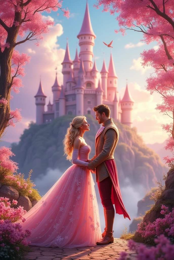 Huge pink castle in wonderland blonde hair princess hug perfect tall and handsome prince 
