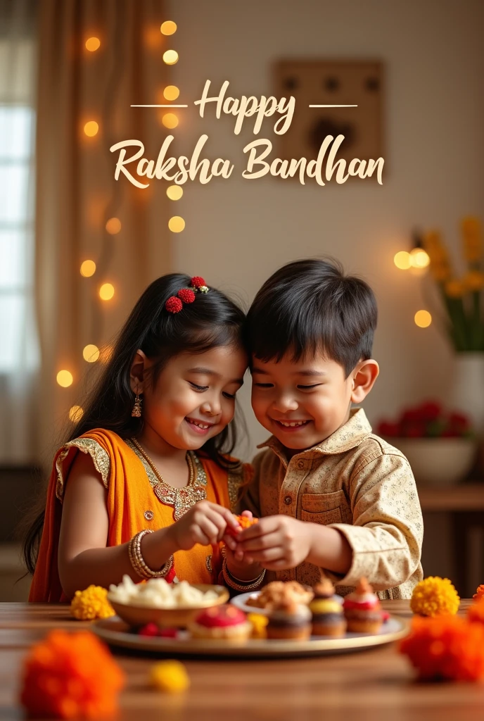 Boy and girl celebrate raksha Bandhan and happy raksha Bandhan calligraphy text on front of image realistic photography