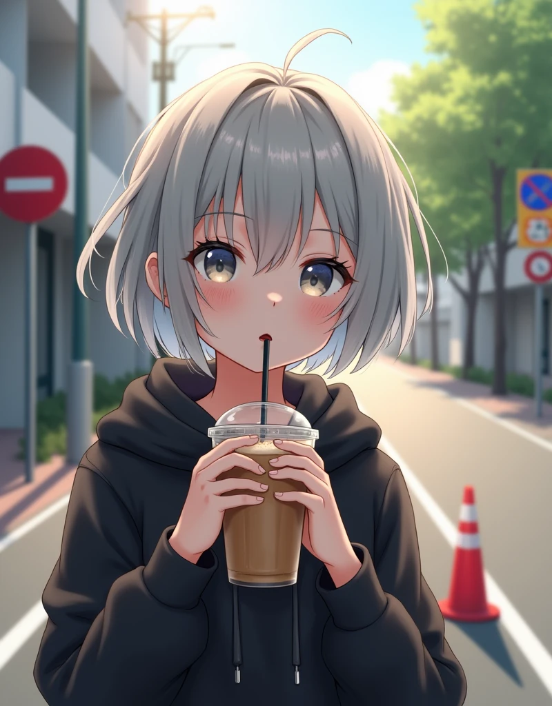 (RAW photo, best quality, masterpiece: 1.2), (photorealistic: 1.4), best lighting, 20 years old, (light gray hair, short bob cut, hair in 7 thirds, hair over one ear, Symmetrical eyes, fair skin, solo, Detailed Skin, Detailed Background:1.2), From a little above, a black short-length hoodie, drinking a cafe latte in a transparent cup with a straw, cute, taken in a residential area in Japan, road signs, traffic cones, sun, glare, street trees,