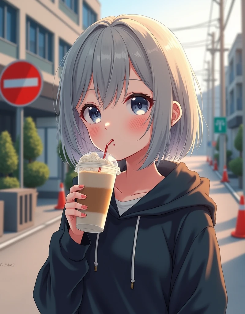 (RAW photo, best quality, masterpiece: 1.2), (photorealistic: 1.4), best lighting, 20 years old, (light gray hair, short bob cut, hair in 7 thirds, hair over one ear, Symmetrical eyes, fair skin, solo, Detailed Skin, Detailed Background:1.2), From a little above, a black short-length hoodie, drinking a cafe latte in a transparent cup with a straw, cute, taken in a residential area in Japan, road signs, traffic cones, sun, glare, street trees,