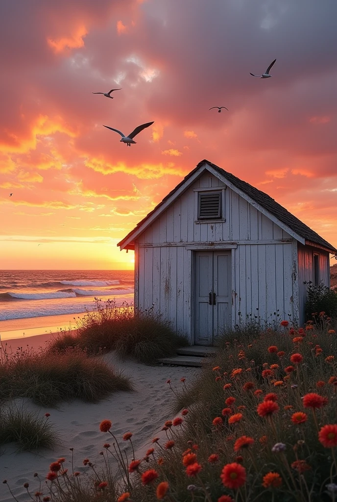 A white house surrounded by dead flowers at sunset on the beach