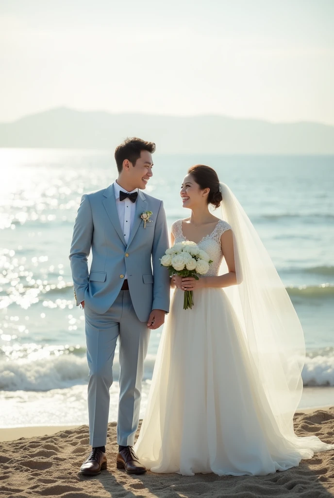 early morning，A newlywed couple held their wedding ceremony by the sea.。Asian Face，The man is wearing a light blue suit.，Tie a bow tie，shirt with French cuffs.。wearing dark brown Oxford shoes，Black socks。
The lady wore a long-tailed wedding dress，Wear a veil。Holding a white bouquet。The two laughed happily。

