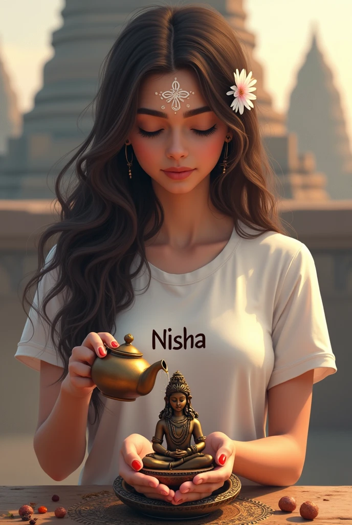 The image is a digital illustration of a young woman with long brown hair and a white flower in her hair. She is wearing a white t-shirt and has a white face paint on her forehead. The woman is holding a small statue of Lord Shiva in her hands and is pouring water from a brass teapot into the statue. The statue is placed on a pedestal and the background is blurred, but it appears to be an ancient temple or temple complex. The image has a peaceful and serene atmosphere. The word "Aashu" is written in t-shirt bold size.create realistic image.