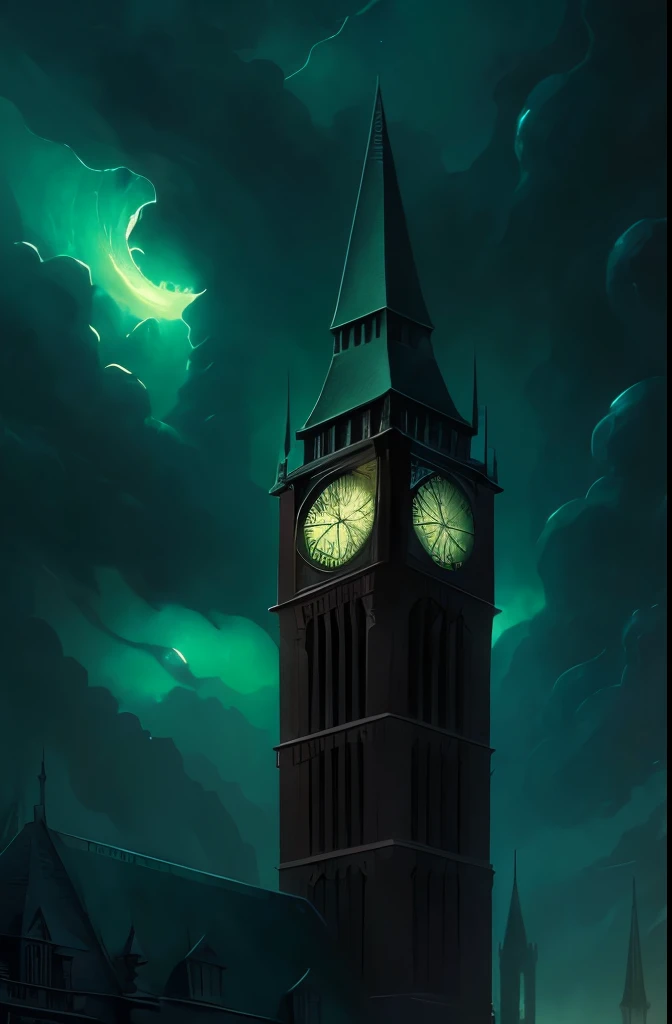 a close up of a clock tower with a green sky in the background, micheal whelan, michael whelan and gustave dore, where lovecraftian horrors roam, lovecraftian atmosphere, arkham horror, michael whelan and gustave done, michael whelan art, shadow over innsmouth, inspired by Michael Whelan, lovecraftian background, barlowe wayne, barlowe