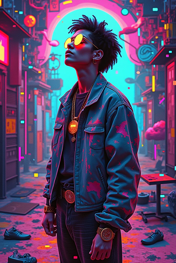 The vibrant and enigmatic Tarot card titled "GAMWE" with the number "XXX" prominently displayed in neon holographic digits at the bottom. At the center, a  boy with a slender and androgynous frame stands tall in a futuristic, cyberpunk-inspired setting. He is shirtless, revealing a tapestry of metallic circuitry tattoos that weave across his chest and arms, giving him an ethereal, robotic allure. His eyes are a piercing neon blue, hinting at a cybernetic enhancement that pierces through the shadows cast by his messy, black hair. He is adorned with a digital collar that pulses with a soft glow, matching the luminescent streaks that run down his body, emphasizing his status as a "twink" in this cybernetic world. The background is a stark contrast of deep blues and purples, with outlines of a sprawling neon cityscape that extends into infinity. The boy's stance is confident yet relaxed, one hand resting on his hip, while the other holds a glowing, futuristic wand, a symbol of his power and wisdom in the realm of the arcane. His pants are baggy and appear to be made of a metallic mesh material that shimmers with every movement, hinting at his connection to technology and the digital undercurrents of this world. The overall atmosphere is a blend of mystery and allure, capturing the essence of the card's unpredictable and transformative nature.