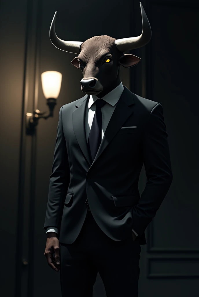(anime:1.2), man in a suit with a bull's head instead of a head, in a dark environment, with a dimly lit lamp behind him.
