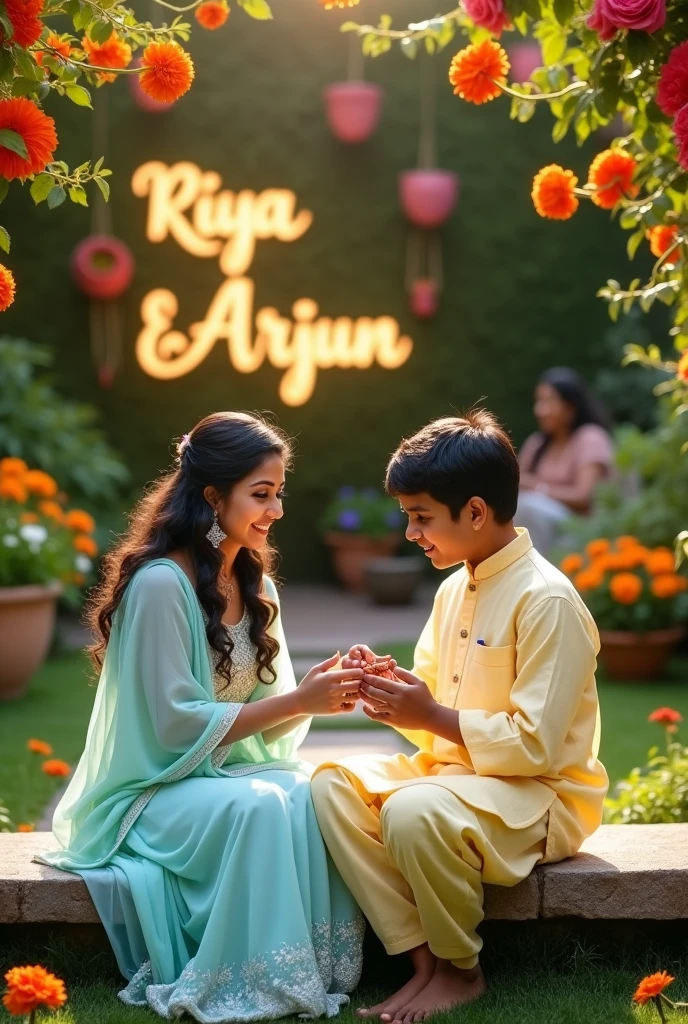 Outdoor garden setting for Raksha Bandhan. " Humeshwari " (18) and " omprakash " (16) sit cross-legged on a weathered stone bench surrounded by blooming marigolds and roses. Priya, in a pastel blue chiffon salwar kameez with silver embroidery, ties a rakhi on Arjun's wrist. Arjun, wearing a pale yellow linen kurta, holds a wrapped gift box and the name "Riya & Arjun" written in glowing letters in background properly. Their parents watch from the background, standing on the patio. A table