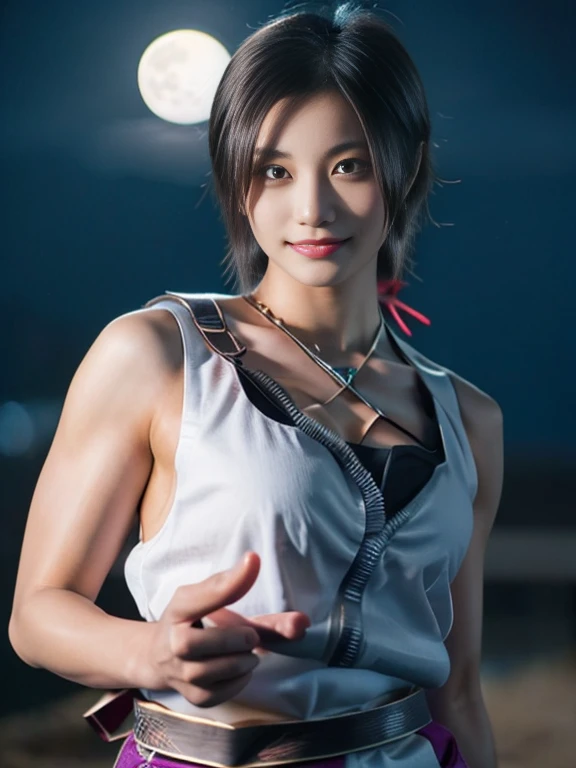 20 year old Japanese beauty，One woman、Muscular body like a bodybuilder、Emphasize the breasts、Slit eyes、A head-to-toe view，Bust is very very large、Full moon night in the background、High quality photos、Clear, crisp images of the lower body、Masterpiece 8k、Smiling、He holds a shuriken in his right hand、From the front, from the side, from the back, etc.々from what camera angle to shoot、A ninja costume of purplish-red color