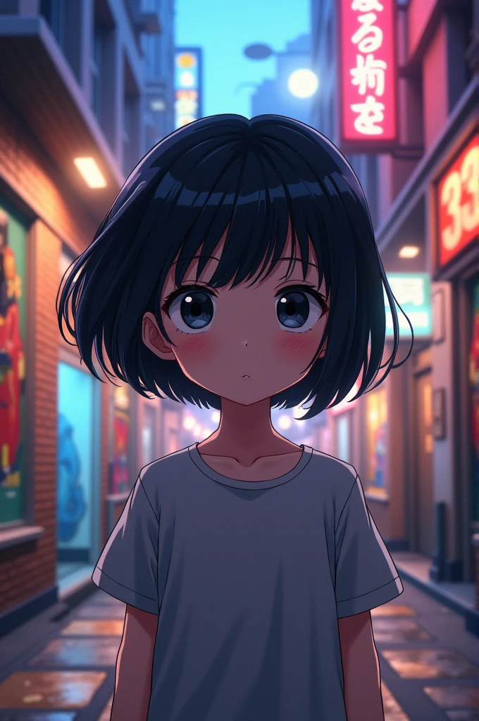 Short haired, dark-haired girl with black eyes