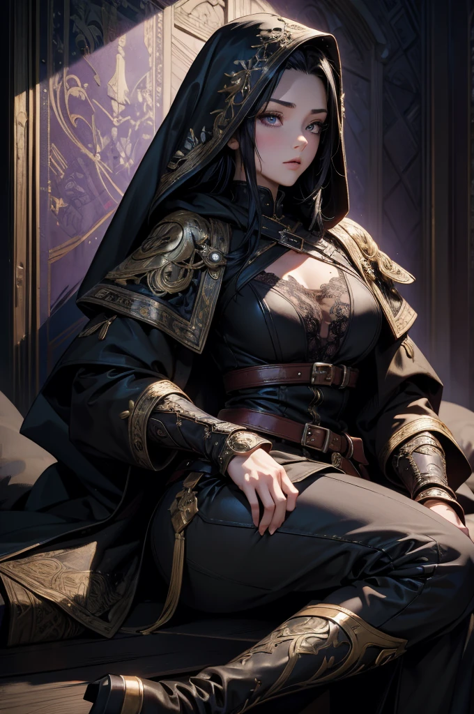 20-year-old women, Medieval thief, Leather clothing, Long trousers, boots, Hooded long coat,,Short black hair、 Sword on belt, sexy, Mid-chest, , Very detailedな, Vibrant appearance, Creative Action, Very detailedな, Imaginative, Purple lighting、Sensual, Any, Highest quality, Skin Texture, Intricate details, (Cinema Lighting), RAW Photos, 8k, masterpiece,Highest quality,Very detailedな,Very detailedなイラスト,Very detailed,Intricate details,High resolution,非常にIntricate details,Very detailed 8k cg wallpaper,