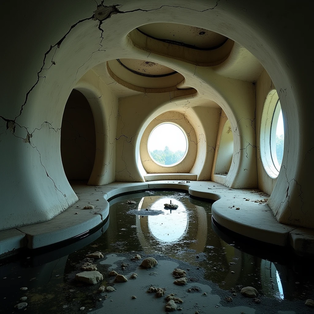 "Create a highly detailed, realistic image of an abandoned house designed in the architectural style of Zaha Hadid. The room features fluid, organic lines and sweeping curves characteristic of Hadid's designs. However, the space is worn down by time, with cracked walls, peeling paint, and signs of neglect. The room is partially flooded with dirty, stagnant water, filled with floating debris and garbage. The atmosphere is dark and moody, with dramatic lighting that casts deep shadows and highlights the room's decayed elegance. Despite the state of disrepair, the unique architectural elements, such as curving walls and futuristic forms, are still evident, creating a haunting contrast between the once-innovative design and its current dilapidated state."