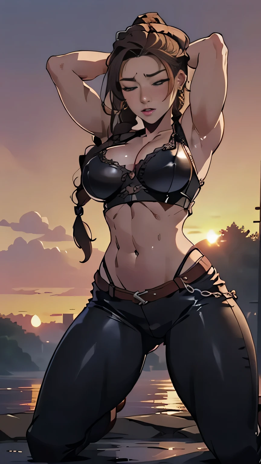 photo of mlp Meowko, RAW, beautiful woman, ((portrait)), ((detailed face:1.2)), ((anime face, anime facial feature, clear skin, glossy anime lips, clear skin), (long haircut, brunette, Warrior braids: 1.55), (perfect proportioned body, Strong, muscular, narrow waist, narrow hips, skinny, large breasts, exposed belly button and abbs), (ahegao expression, eyes closed, orgasm face:1.35), Fighting using an axe ((she wears a detailed chainmail and leather, Brown leather, fir, bare arms, simple Viking armor, leather combat pants, bare midriff, no gloves:1.1)), hands behind head, kneeling on riveredge, splits kneeling, legs open, huge battle, Viking ships on a river, (realistic photo, best quality, detailed), (8k wallpaper), (bright cinematic lighting, lens flares, beautiful light, (sunset:1.3)) (sharp focus, intricate)