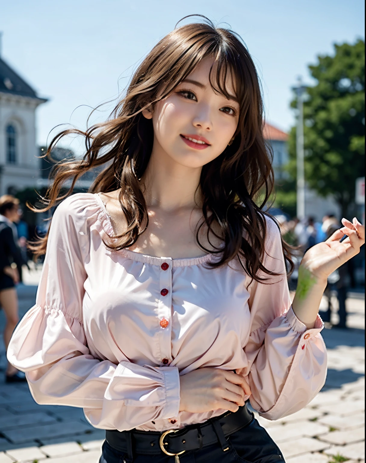 a woman posing on the 通り corner with light 青い服 on, highest quality, High resolution, 16k, One girl, (Huge breasts),Big Breasts, Day, bright, Outdoor, (dress:1.5, Red clothing:1.5, dress:1.5, Sleeveless dress, Red clothes: 1.5), nice, (amount, Medium Hair), Beautifully detailed skies, Beautiful earrings, (Dynamic pose:0.8), (Upper Body:1.2), Soft lighting, Wind, Shiny skin, View your viewers, pain,pained expression,