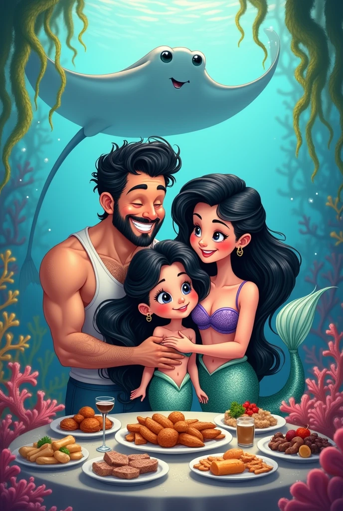 Cartoon caricature of a little mermaid with black hair and a silver tail, confused, being hugged by her cheerful merman dad. Her mermaid mom is beside them, next to a table with food. In the background, there's a large, cheerful manta ray, and they're all at the bottom of the sea.
