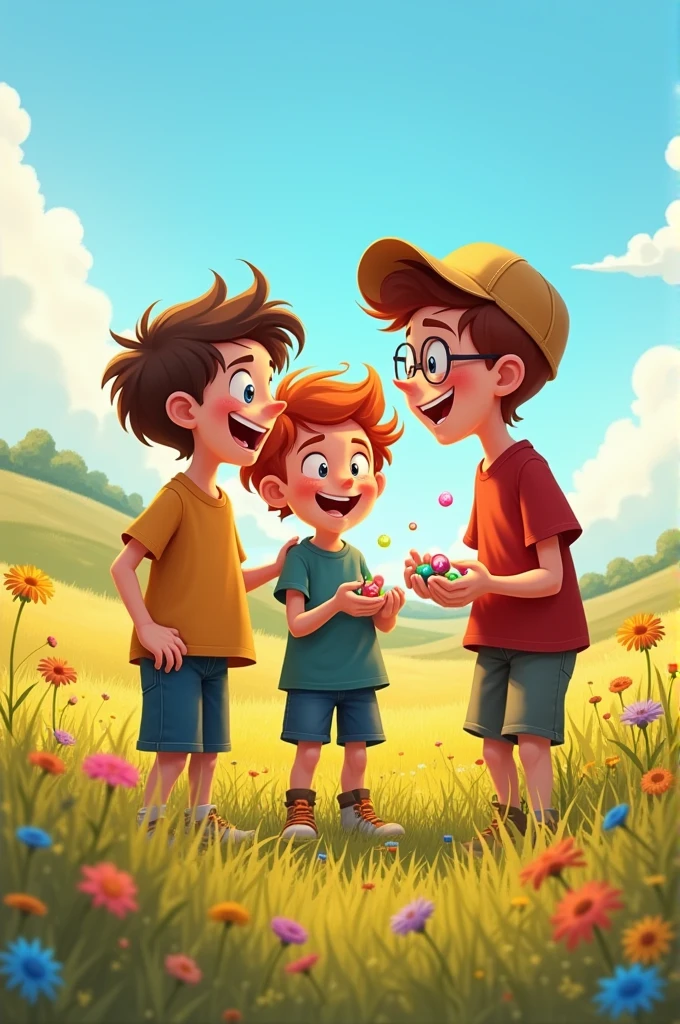 Three boys in a field. The first friend says to the second friend, 'We get money from our friend
