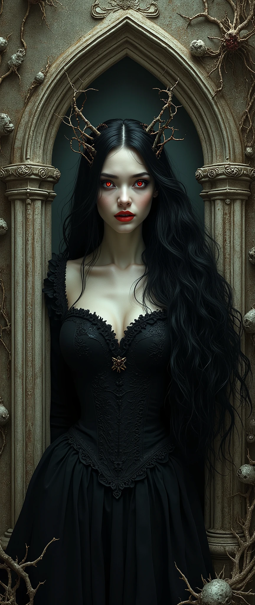 Envision a Gothic vampiress, Lilith, emerging from the shadows of a twisted, surreal world inspired by the intricate and fantastical style of Hieronymus Bosch. Her ethereal beauty is both alluring and unsettling, with porcelain skin that contrasts starkly against the dark, labyrinthine environment around her. Lilith's flowing raven-black hair is adorned with delicate, thorny vines, while her crimson eyes reflect the macabre and eerie landscape—teeming with bizarre creatures and foreboding structures. The world she inhabits is a nightmarish dreamscape, where gothic architecture melds with organic, otherworldly forms, creating a haunting yet mesmerizing vision of darkness and beauty.