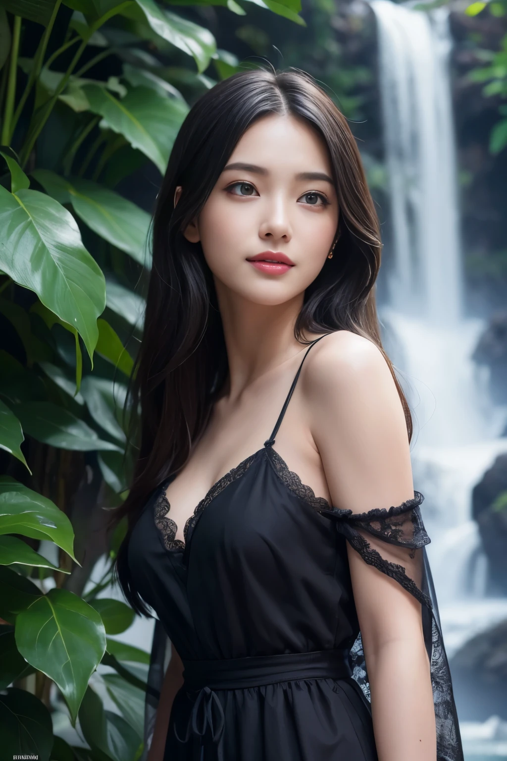 (ultra realistic) , (illustration), (increase resolution), (8K), (extremely detailed), (best illustration), (beautiful detailed eyes), (best quality), (ultra-detailed), (masterpiece), (wallpaper), (detailed face), 1 girl, black straight hair, slender body, delicate details, in the dark, deep shadow, low key, pureerosfaceace_v1, happy smile, summer dress, waterfall, rainforest