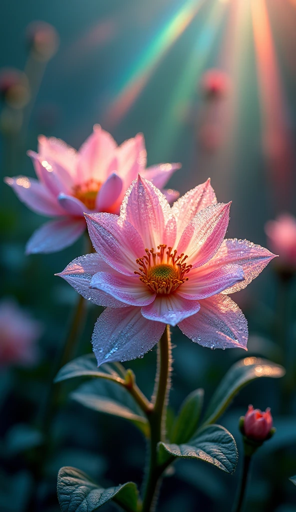 beautiful light spectrum under the action of Tindal light,crystal flowers,quiet and beautiful high details,flowers