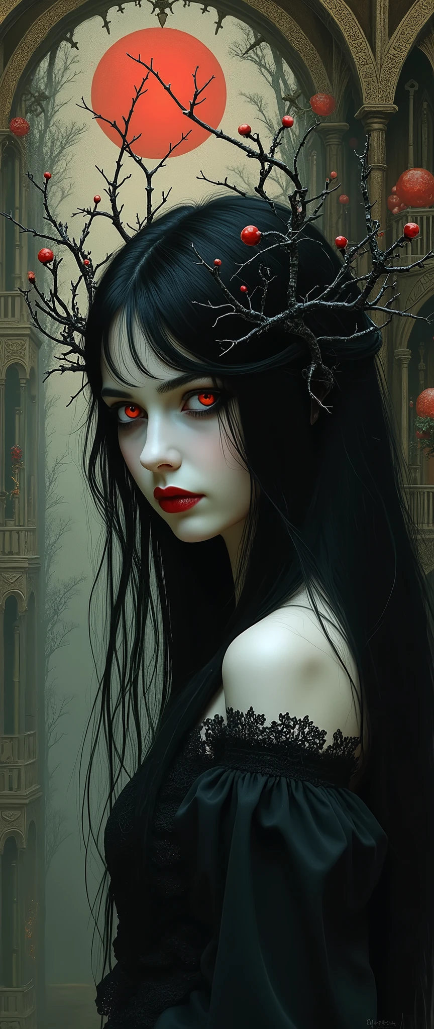 Envision a Gothic vampiress, Lilith, emerging from the shadows of a twisted, surreal world inspired by the intricate and fantastical style of Hieronymus Bosch. Her ethereal beauty is both alluring and unsettling, with porcelain skin that contrasts starkly against the dark, labyrinthine environment around her. Lilith's flowing raven-black hair is adorned with delicate, thorny vines, while her crimson eyes reflect the macabre and eerie landscape—teeming with bizarre creatures and foreboding structures. The world she inhabits is a nightmarish dreamscape, where gothic architecture melds with organic, otherworldly forms, creating a haunting yet mesmerizing vision of darkness and beauty.