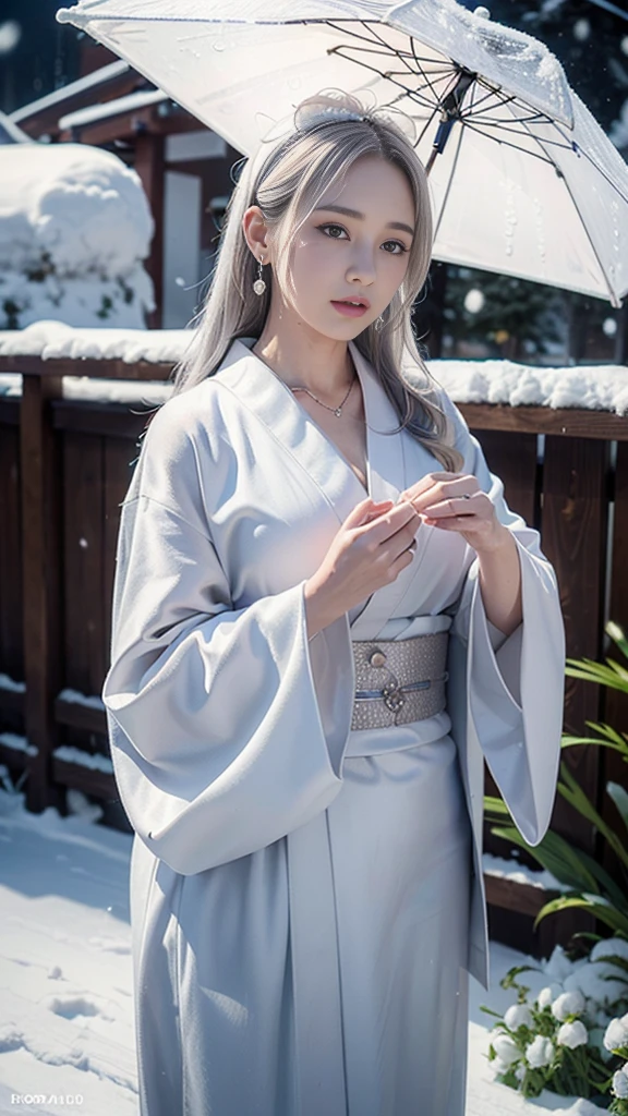(RAW shooting, Photoreal:1.5, 8K, highest quality, masterpiece, ultra high resolution), ((((heavy snow, Blizzard)))), Highly detailed skin and facial textures:1.3, perfect dynamic composition:1.2, (In front of a shrine at night in a modern city, expression of sadness:1.0, Tears are flowing:1.0, cry with a broken heart:1.0), Slim office lady wet in the rain:1.3, cowboy shot, Fair skin:1.2, sexy beauty:1.1, perfect style:1.2, beautiful and aesthetic:1.1, very beautiful face:1.2, water droplets on the skin, (rain drips all over my body:1.2, wet body:1.2, wet hair:1.3), (Professional kimono dressing:1.1, Holding a bouquet of wet lilies:1.2, Wearing a wet silver kimono correctly:1.3), (Medium chest, Bra see-through, Chest gap), (Eyes that feel beautiful eros:0.9, Too erotic:0.9, Bewitching:0.9), necklace, earrings, bracelet, wedding ring, Highly detailed hand and finger expressions